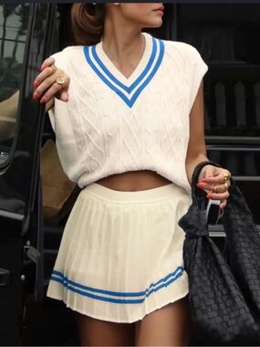 Ivory Two-Piece Tennis Set with Blue Trim